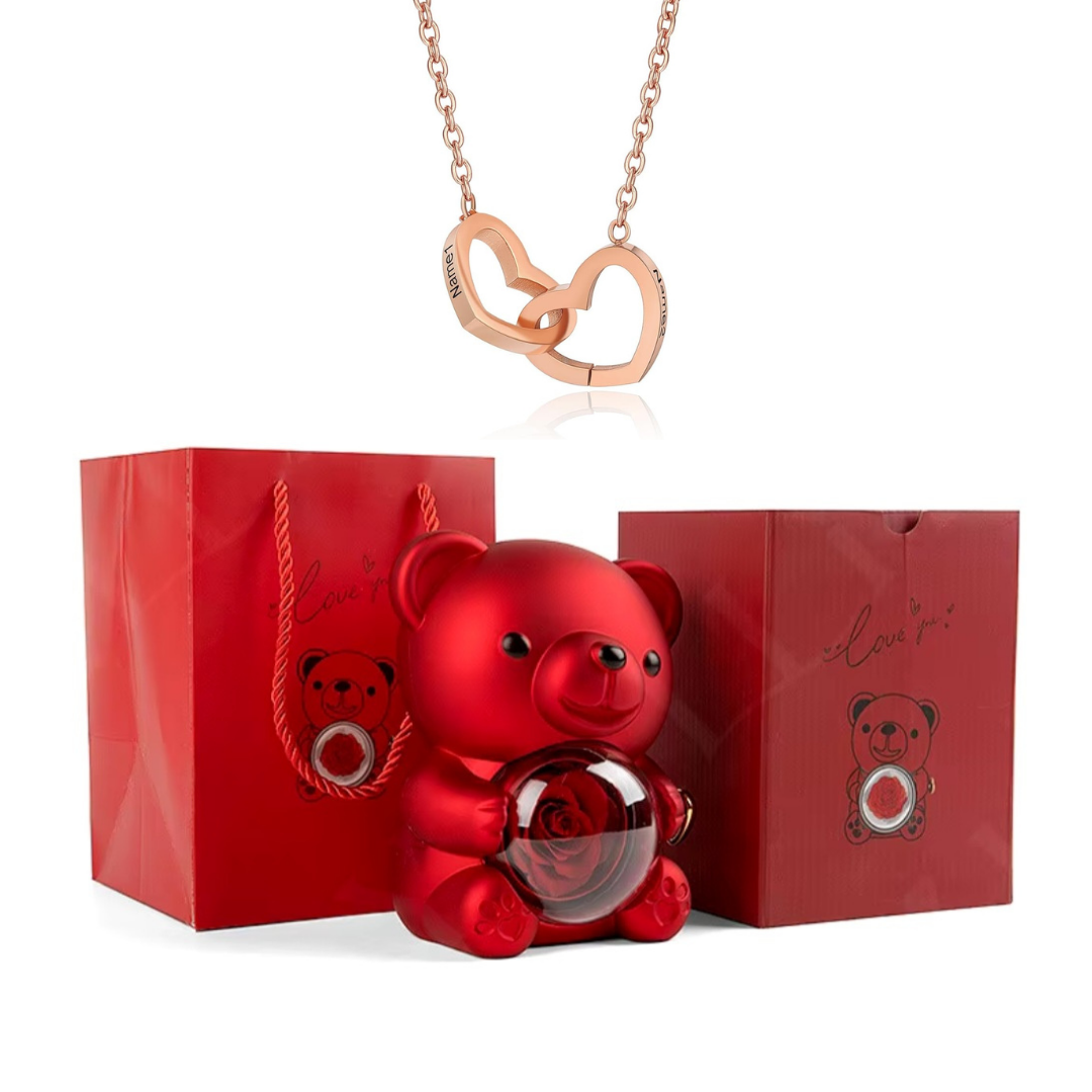 Colar Dueto de Amor & Urso com Rosa Eternizada + Nomes Gravados! 🧸
