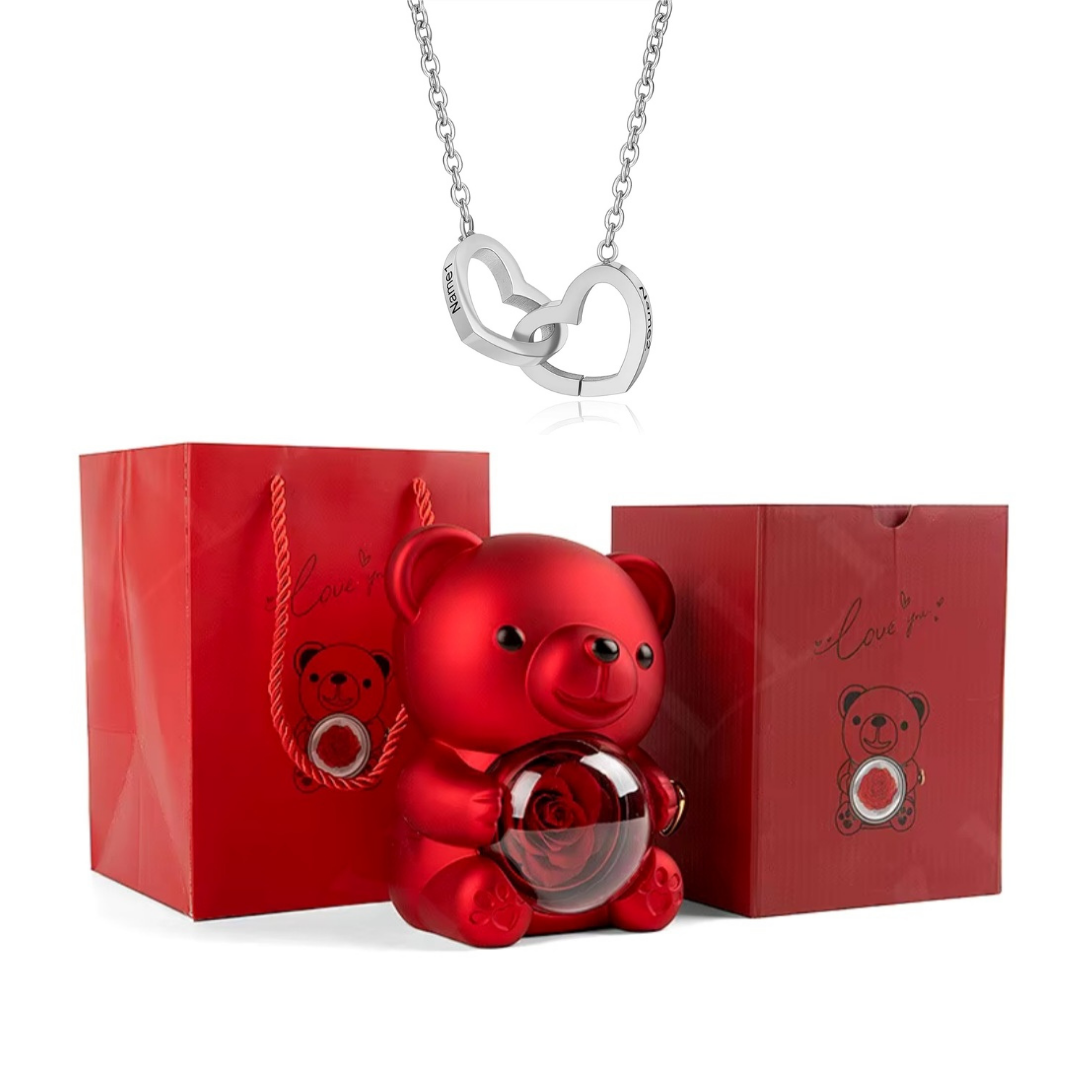 Colar Dueto de Amor & Urso com Rosa Eternizada + Nomes Gravados! 🧸