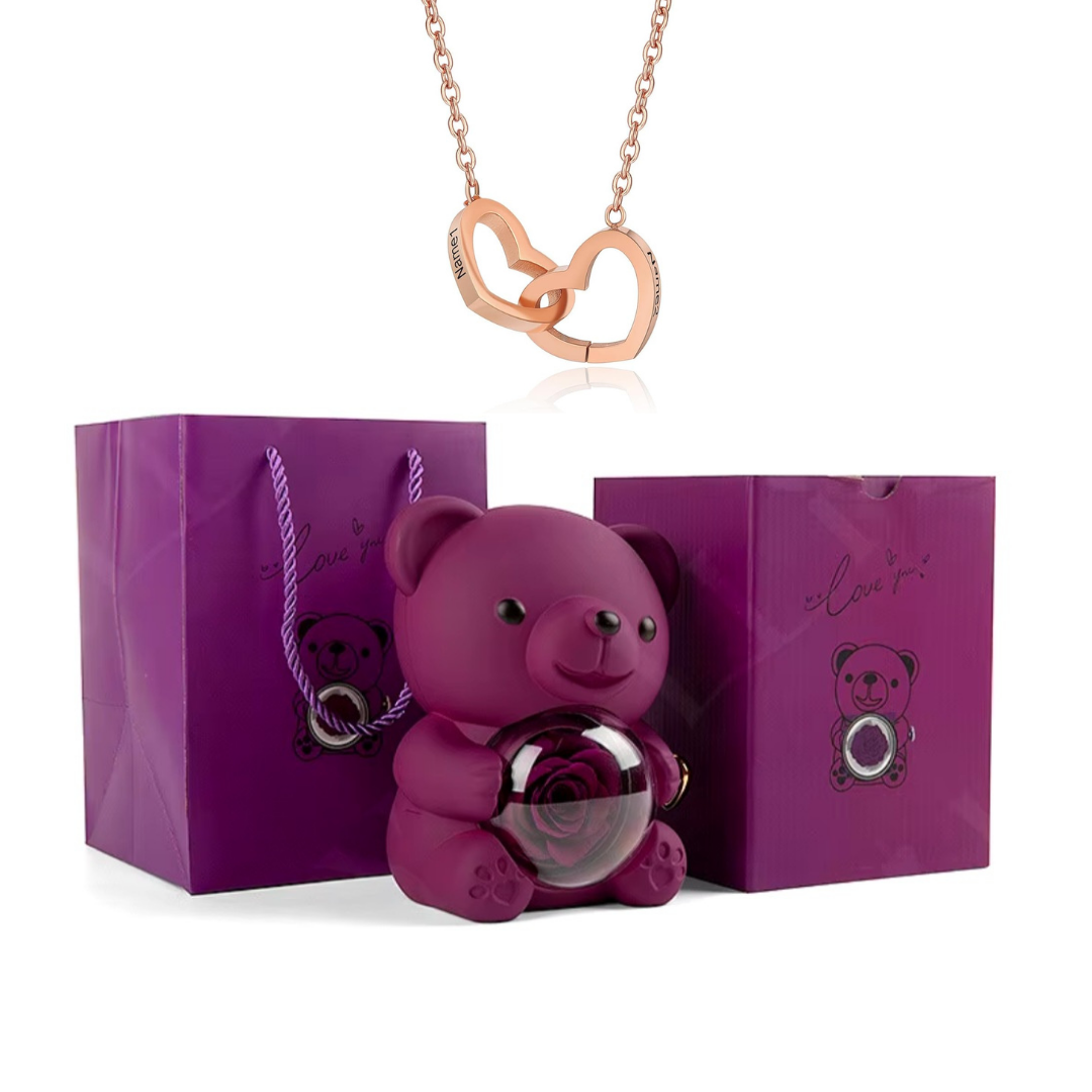 Colar Dueto de Amor & Urso com Rosa Eternizada + Nomes Gravados! 🧸