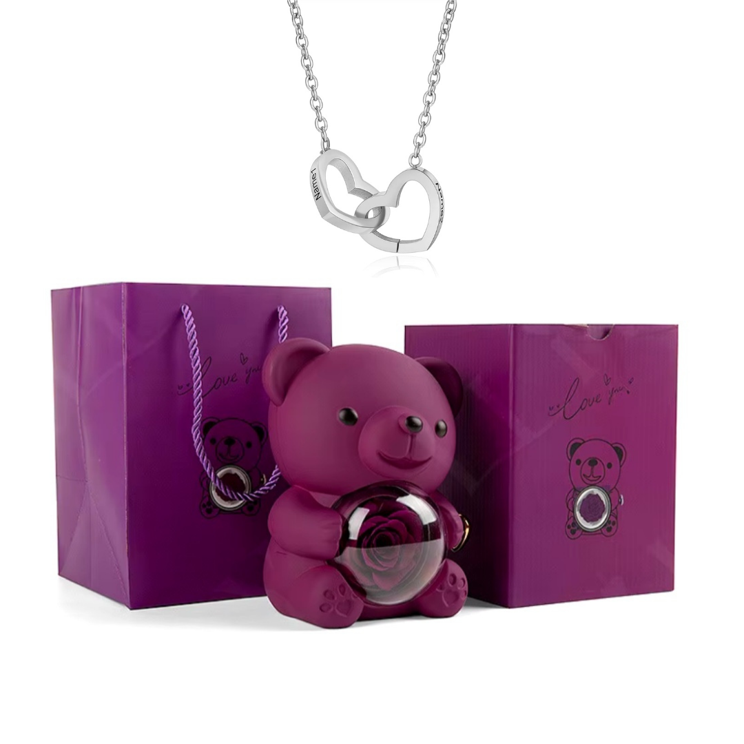 Colar Dueto de Amor & Urso com Rosa Eternizada + Nomes Gravados! 🧸