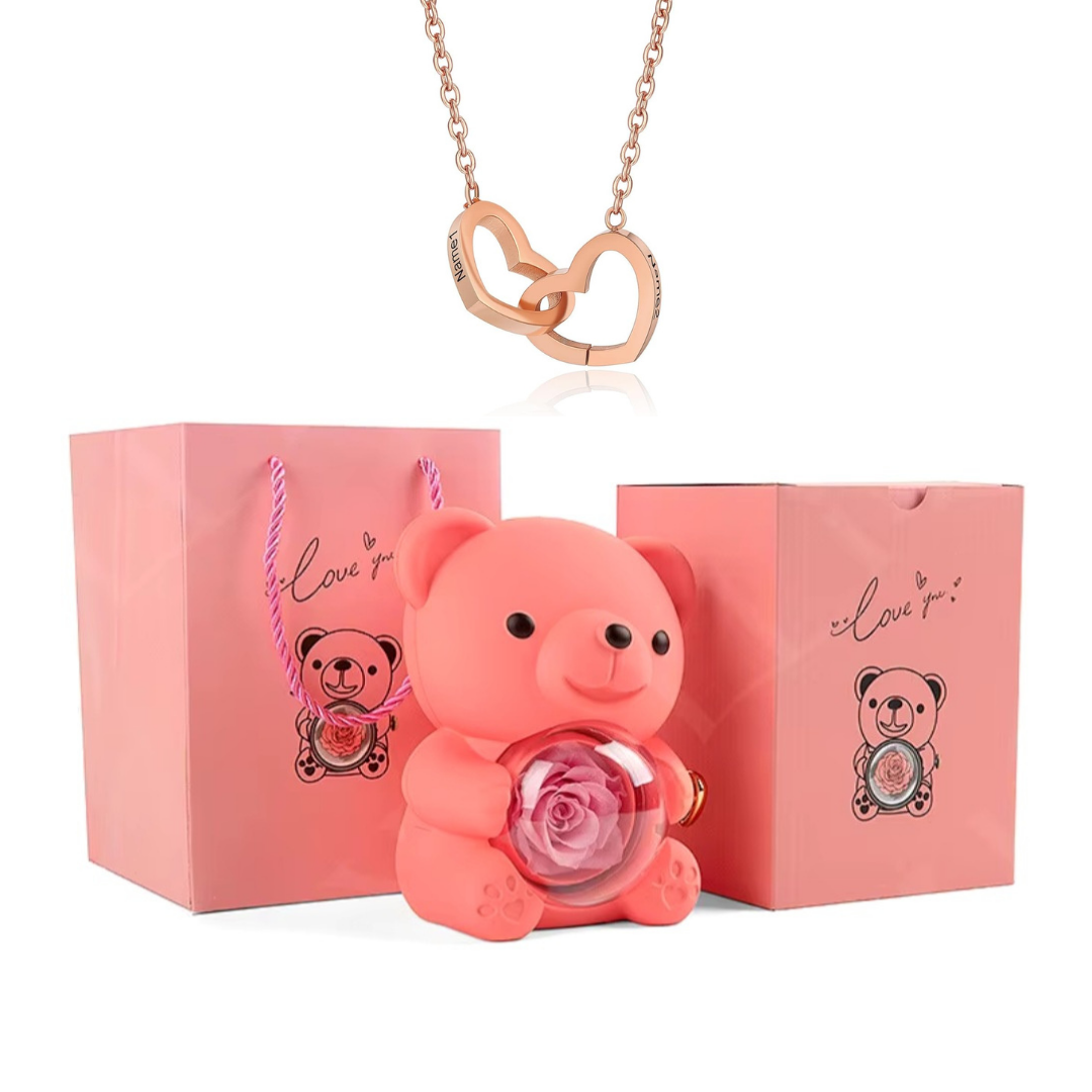 Colar Dueto de Amor & Urso com Rosa Eternizada + Nomes Gravados! 🧸