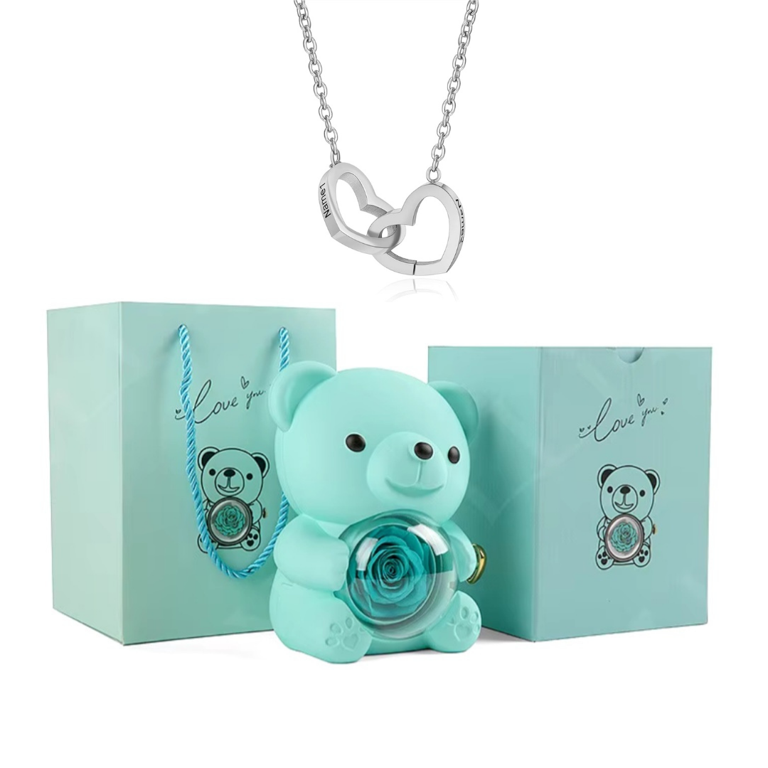 Colar Dueto de Amor & Urso com Rosa Eternizada + Nomes Gravados! 🧸