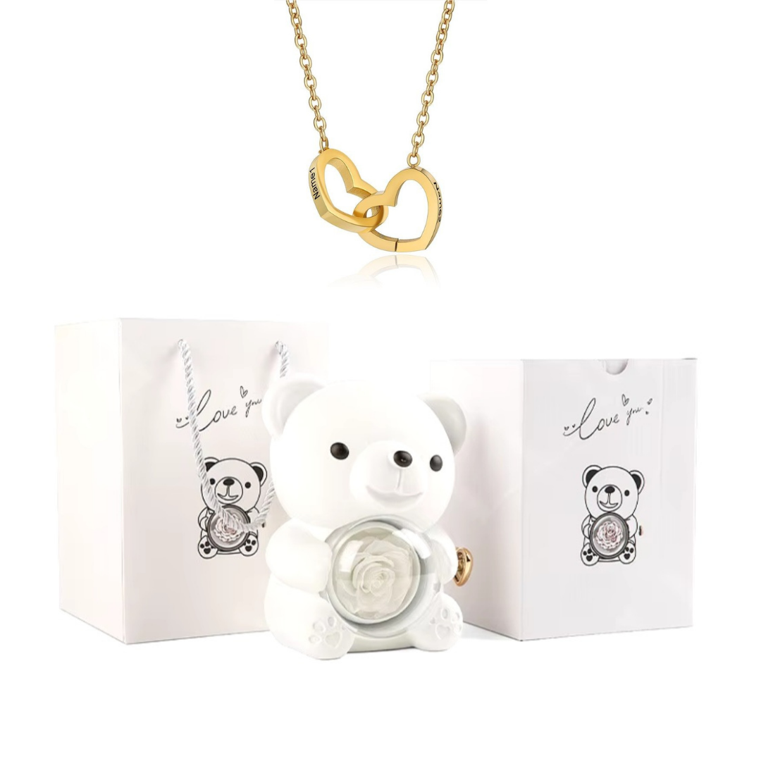 Colar Dueto de Amor & Urso com Rosa Eternizada + Nomes Gravados! 🧸