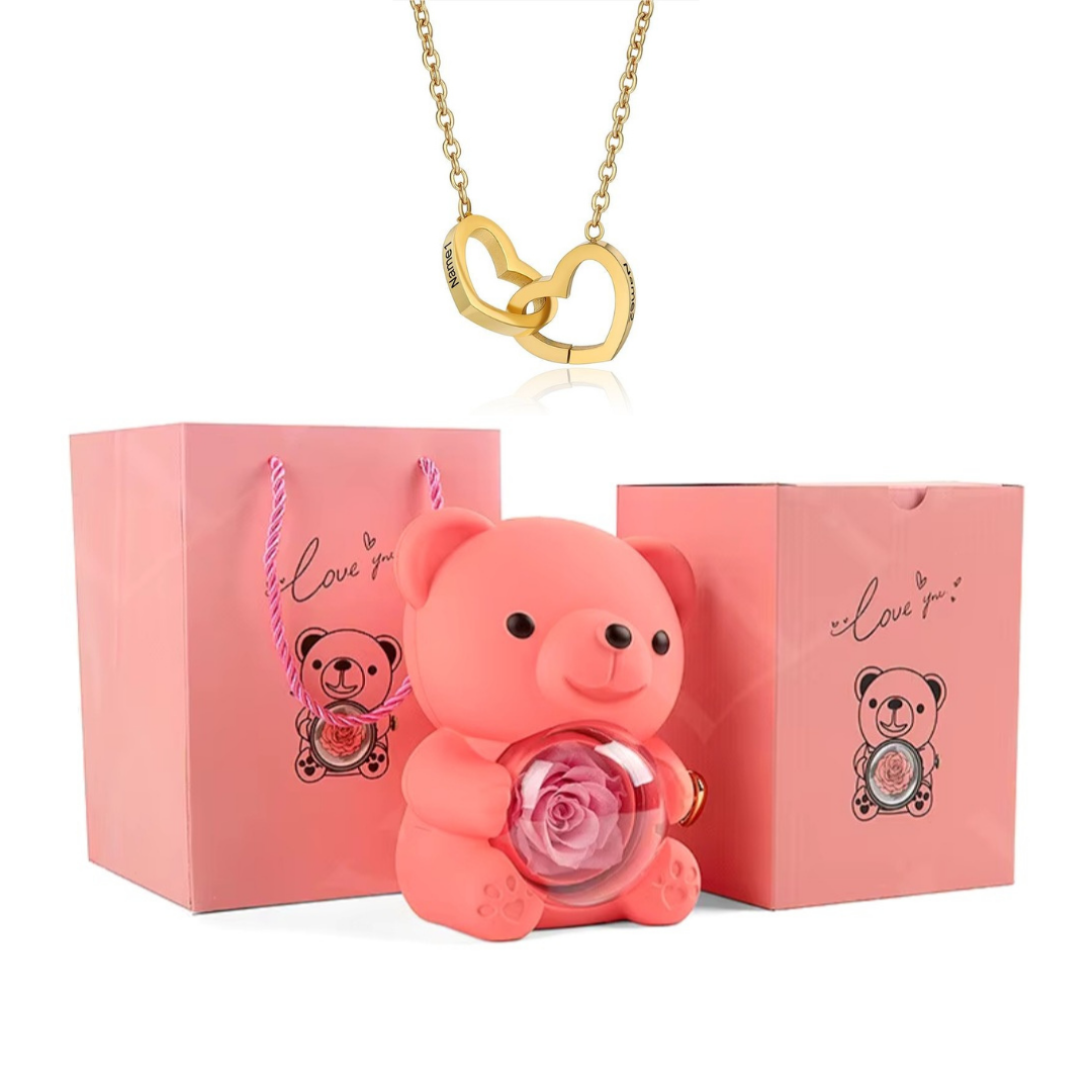 Colar Dueto de Amor & Urso com Rosa Eternizada + Nomes Gravados! 🧸