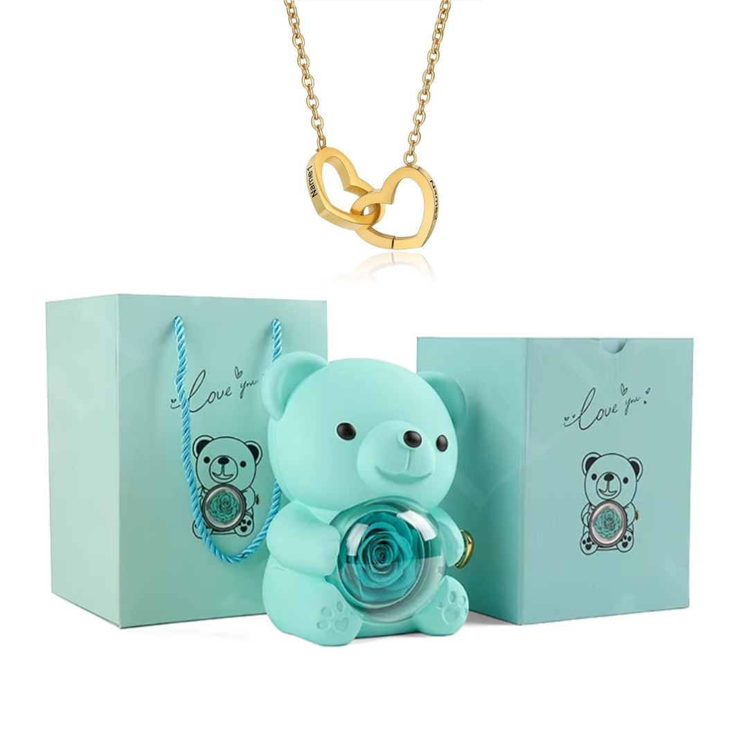 Colar Dueto de Amor & Urso com Rosa Eternizada + Nomes Gravados! 🧸