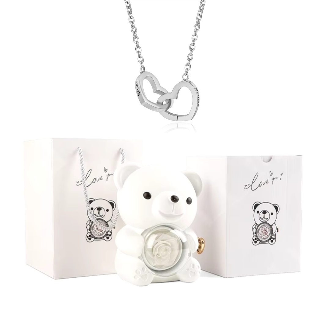 Colar Dueto de Amor & Urso com Rosa Eternizada + Nomes Gravados! 🧸